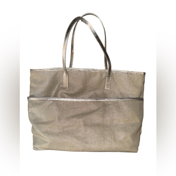 Michael Kors Silver Gold Metallic Canvas Large Lined Tote Bag - Picture 2 of 8